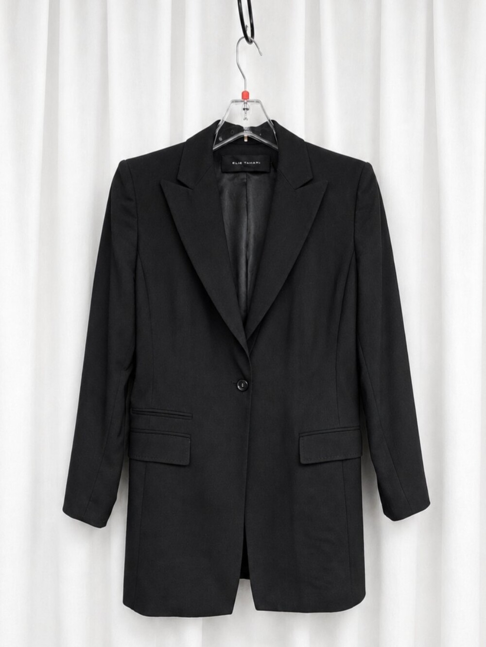 Elie Tahari Black Wool Blend Longline Single Button Quiet Luxury Career Blazer
